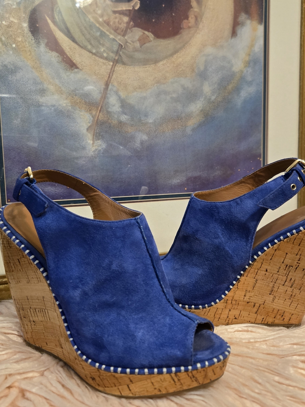Dolce Vita Blue Suede Wedge Sandals - Women's Open Toe Slingback Size 7.5
